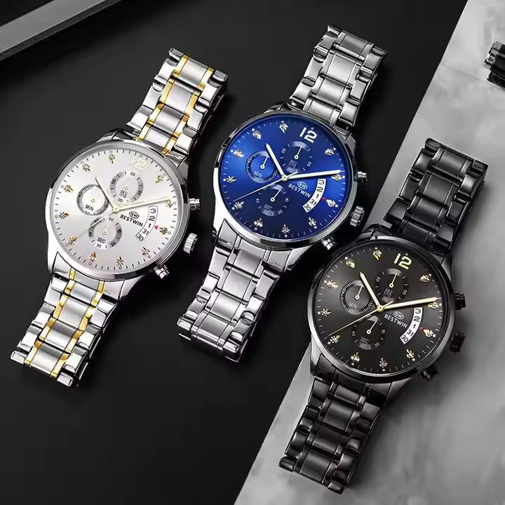 BESTWIN Quartz Men Date Calendar Business Waterproof Chronograph Wristwatch Custom Design Man Wrist Watch