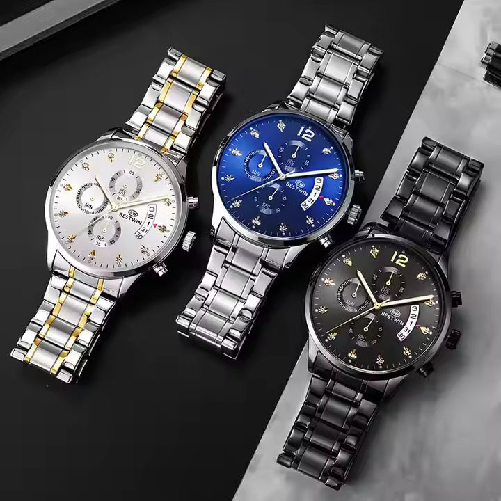 BESTWIN Quartz Men Date Calendar Business Waterproof Chronograph Wristwatch Custom Design Man Wrist Watch